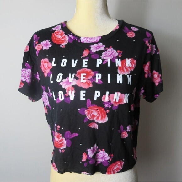 PINK VICTORIA'S‎ SECRET Cropped Floral, Bling Tee Size XS/XP - Picture 3 of 12